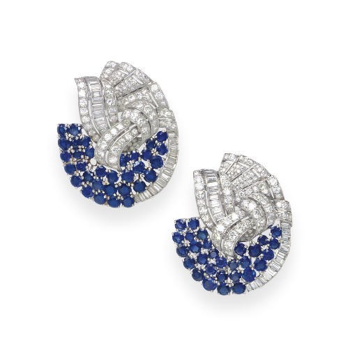 A PAIR OF SAPPHIRE AND DIAMOND DOUBLE-CLIP BROOCHES