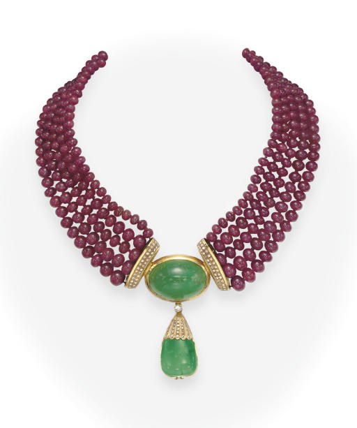 A RUBY BEAD AND EMERALD NECKLACE