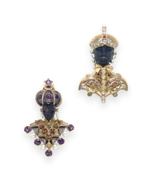 A PAIR OF MULTI-GEM AND GOLD BLACKAMOOR BROOCHES