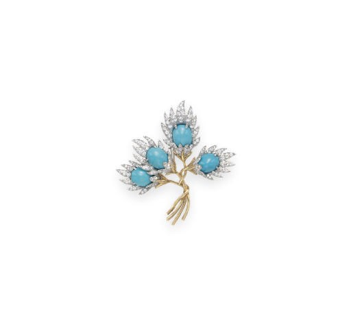 A TURQUOISE AND DIAMOND FLORAL BROOCH, BY JEAN SCHLUMBERGER, TIFFANY & CO.