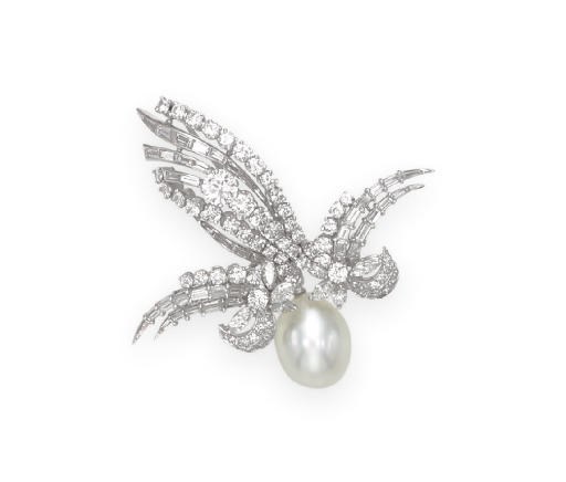A CULTURED PEARL AND DIAMOND BROOCH
