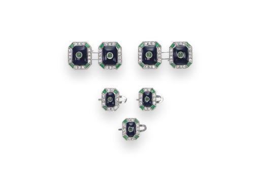 AN ONYX, EMERALD AND DIAMOND DRESS-SET