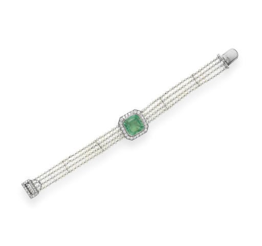 A BELLE EPOQUE EMERALD, DIAMOND AND SEED PEARL BRACELET, BY CARTIER