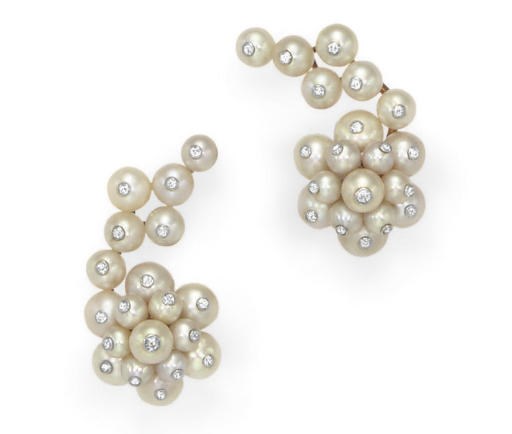 A PAIR OF PEARL AND DIAMOND EAR CLIPS, BY CARTIER