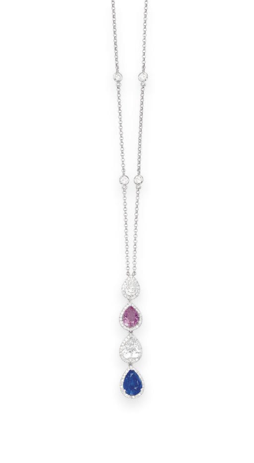 A MULTI-COLORED SAPPHIRE AND DIAMOND PENDANT NECKLACE
