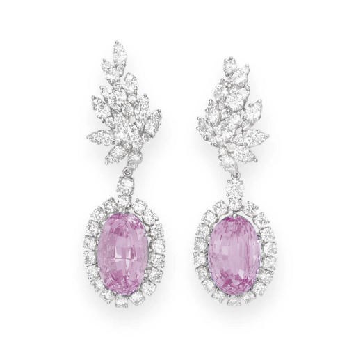 A PAIR OF KUNZITE AND DIAMOND EAR PENDANTS