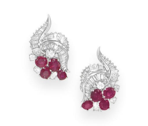 A PAIR OF RUBY AND DIAMOND EAR CLIPS