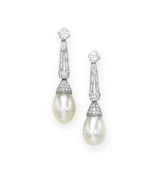 A PAIR OF PEARL AND DIAMOND EAR PENDANTS