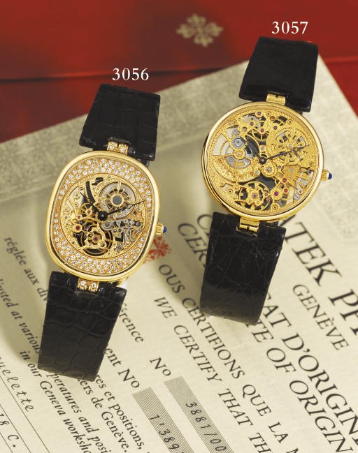 PATEK PHILIPPE. A FINE AND RARE 18K GOLD AND PAVÉ-SET DIAMOND SKELETONISED WRISTWATCH