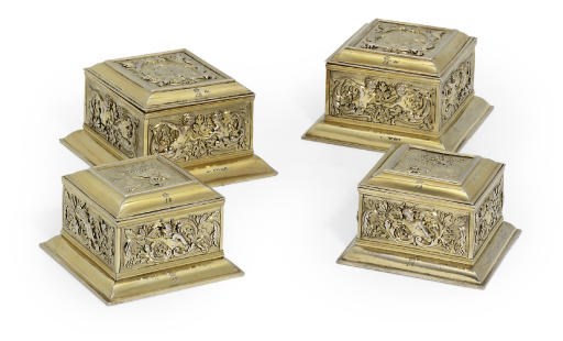 LOUISA, VISCOUNTESS BERESFORD'S TOILET SERVICE
A SET OF FOUR GEORGE IV SILVER-GILT DRESSING TABLE-BOXES