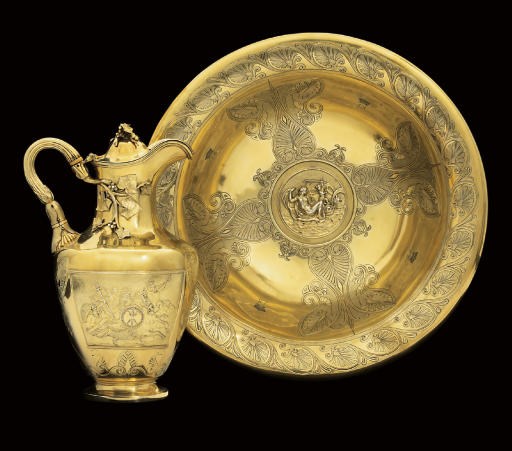LOUISA, VISCOUNTESS BERESFORD'S TOILET SERVICE
A WILLIAM IV SILVER-GILT EWER AND BASIN