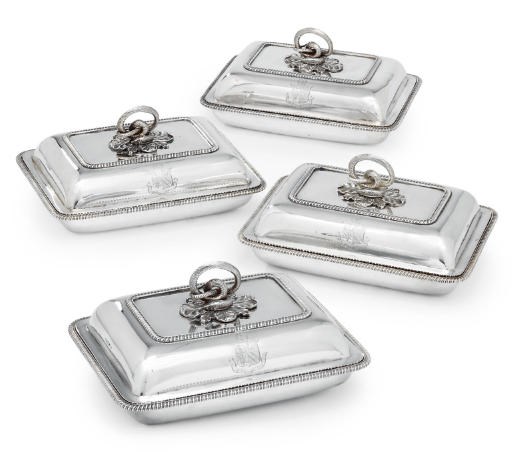 A SET OF FOUR GEORGE III SILVER ENTRÉE DISHES AND COVERS