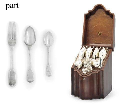 A GEORGE III AND LATER SILVER TABLE-SERVICE WITH A GEORGE III MAHOGANY KNIFE BOX