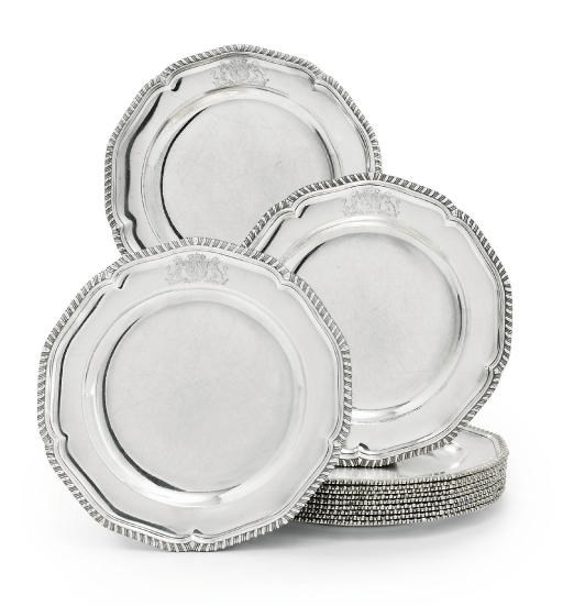 A SET OF TWELVE GEORGE III SILVER DINNER-PLATES