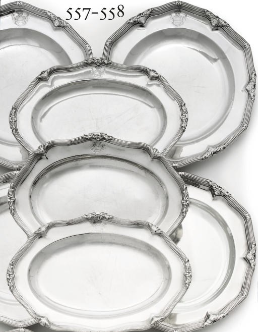 A SET OF EIGHT GEORGE II SILVER SECOND COURSE-DISHES FROM THE HARCOURT SERVICE