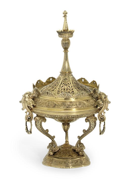 A VICTORIAN SILVER PASTILLE BURNER AND COVER