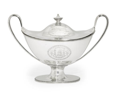 A GEORGE III SILVER SOUP TUREEN AND COVER