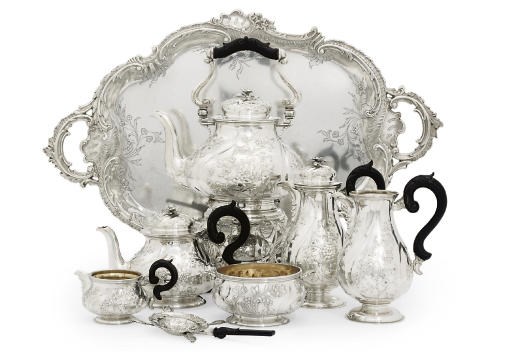 AN AUSTRIAN SEVEN-PIECE SILVER TEA AND COFFEE SERVICE WITH A TRAY EN SUITE