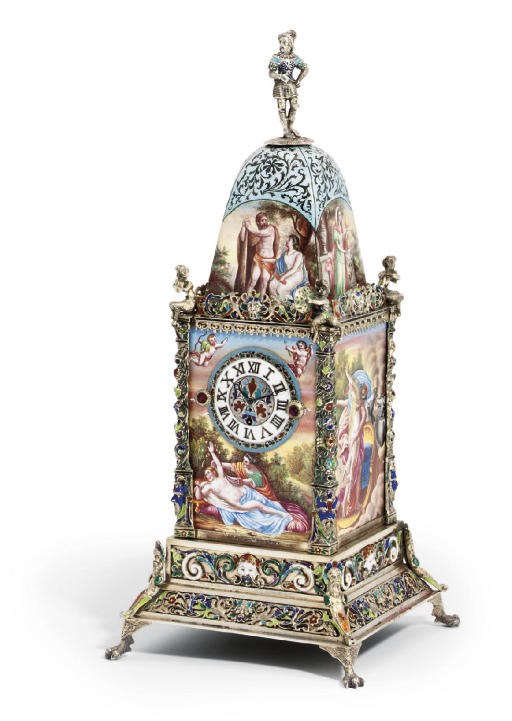 AN AUSTRIAN SILVER-GILT AND ENAMEL TABLE TIMEPIECE