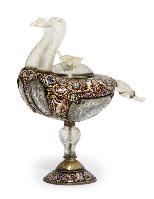 AN AUSTRIAN SILVER-GILT AND METAL-MOUNTED ROCK-CRYSTAL AND ENAMEL CUP
