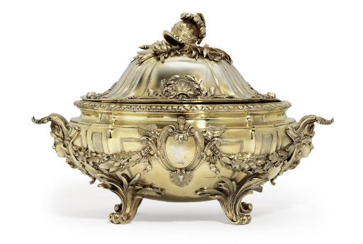 A FRENCH SILVER-GILT SOUP TUREEN, COVER AND LINER