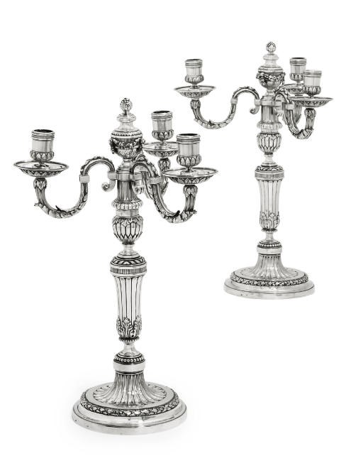 A PAIR OF LOUIS XVI SILVER THREE-LIGHT CANDLEABRA