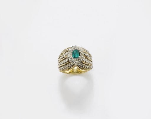 ANELLO IN ORO BICOLORE, SMERALDO E DIAMANTI