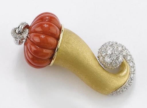 PENDENTE IN ORO, CORALLO E BRILLANTI, FIRMATO CHANTECLER