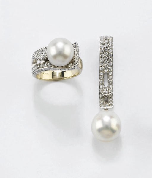 DEMI PARURE IN ORO, PERLE COLTIVATE E BRILLANTI, FIRMATA UTOPIA