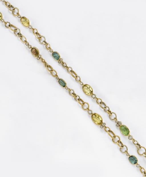 LUNGA COLLANA IN ORO BICOLORE, TORMALINE E DIAMANTI