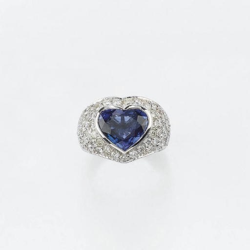 ANELLO A FASCIA IN ORO, ZAFFIRO E DIAMANTI