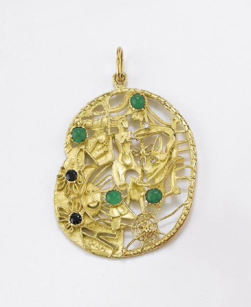 PENDENTE IN ORO CON BRILLANTI E PIETRE DI COLORE, FIRMATO GIANSANTI