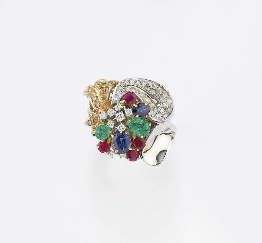 ANELLO IN ORO CON BRILLANTI E PIETRE DI COLORE