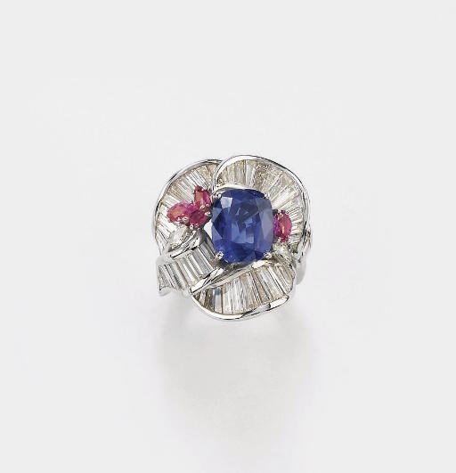 ANELLO IN ORO RODIATO, ZAFFIRO, ZAFFIRI ROSA E DIAMANTI