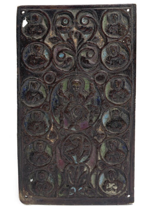 A BRONZE AND ENAMEL PLAQUE REPRESENTING CHRIST AND THE TWELVE APOSTLES