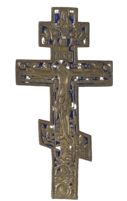 A BRASS AND ENAMEL CRUCIFIX