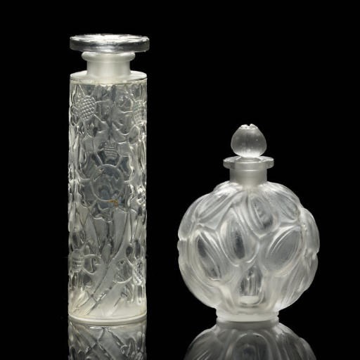 'BOUQUET' JAY-THORPE-1 a clear and frosted scent bottle and stopper, moulded R Lalique France; and 'LES CINQ FLEURS' FORVIL-9 a clear and frosted scent bottle and stopper, moulded R Lalique, France (frozen stopper) -- 7.3cm. & 10.2cm. high respectively 	 (2)