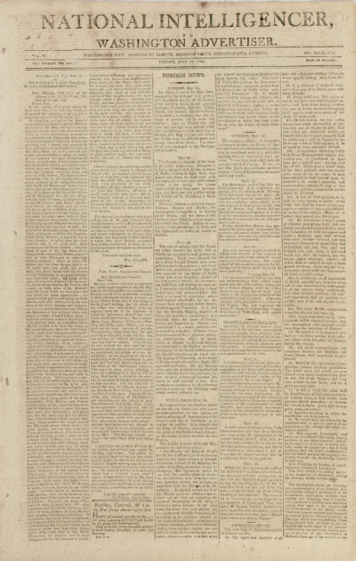 CLARK, William. Printed letter to William Henry Harrison. In: The National Intelligencer, and Washington Advertiser. Vol. V, no. DCCXLVIII. Washington, D.C.: Samuel Harrison Smith, Friday, 26 July 1805.