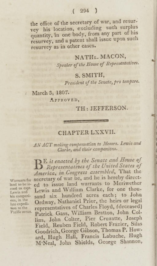 [LEWIS AND CLARK EXPEDITION]. An Act making compensation to Messrs. Lewis and Clarke, and their companions. Pages 294-295. In: Acts Passed at the Second Session of the Ninth Congress of the United States. Pp. [219]-352. Washington, D.C., 1807.