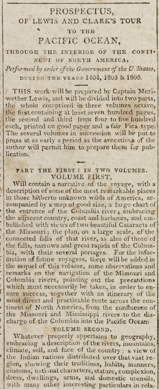 [LEWIS AND CLARK EXPEDITION]. "Prospectus of Lewis and Clark's Tour to the Pacific Ocean, through the Interior of the Continent of North America." In: General Advertiser. No. 5156. Philadelphia: William Duane, Friday 24 July 1807.