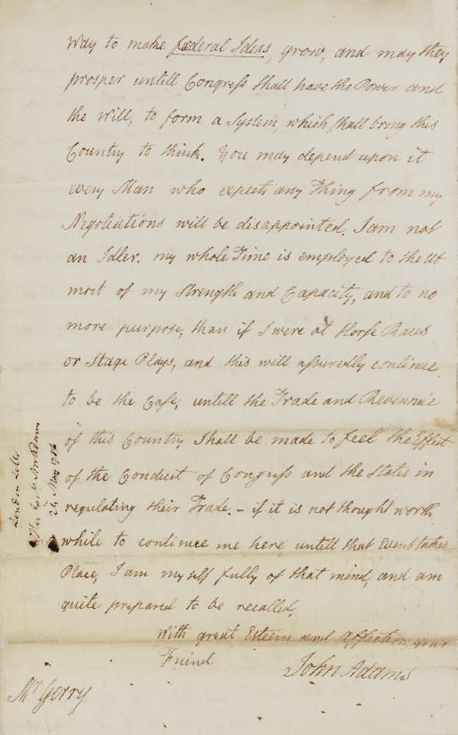 ADAMS, John. Autograph letter signed ("John Adams") to Elbridge Gerry (1744-1814, a Signer), Grosvenor Square, London, 24 May 1786. 4 pages, folio. Fine condition.