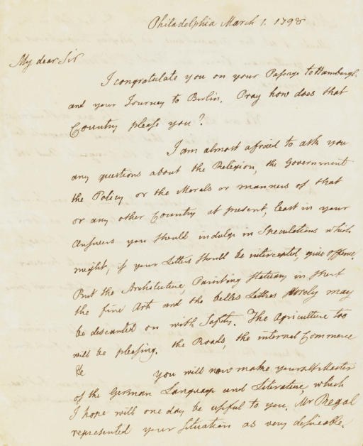 ADAMS, John (1735-1826), President. Autograph letter signed ("John Adams"), as President, to his son Thomas Adams, Philadelphia, 1 March 1798. 2¼ pages, 4to, slight remnants of tipping along edge of blank final leaf, otherwise fine.