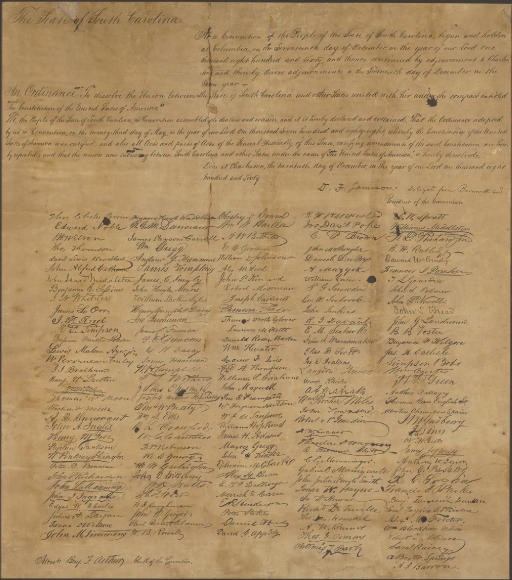 [CIVIL WAR -- SOUTH CAROLINA ACT OF SECESSION]. The State of South Carolina. At a Convention of the People of the State...begun and held at Columbia [17-20 December 1860]...An Ordinance to dissolve the Union between the State of South Carolina and the other States...under the compact entitled 'The Constitution of the United States of America'...We the People of the State of South Carolina, in Convention assembled, do declare and ordain...done at Charleston, 20 December 1860... [Charleston, S.C.: Evans & Cogswell], n.d. [ca. March 1861].