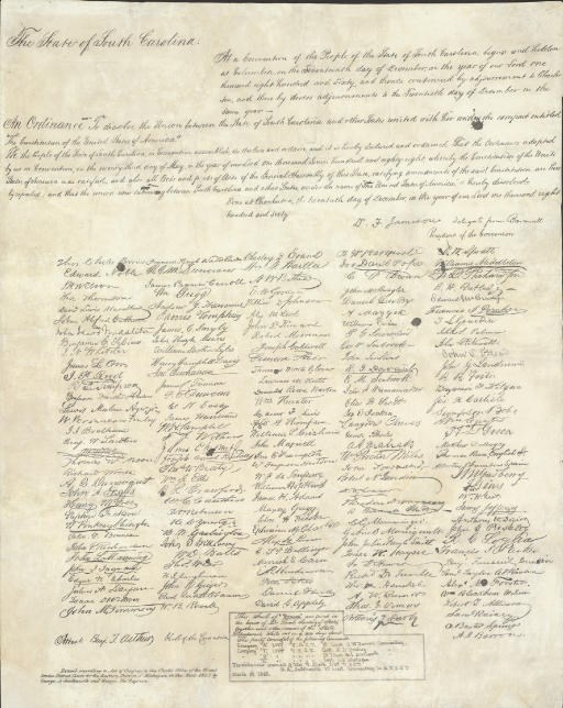 [CIVIL WAR]. SOUTH CAROLINA -- ORDINANCE OF SECESSION "SCROLL OF TREASON." The State of Carolina. "At a Convention of the People of the State...begun and held at Columbia...An Ordinance to dissolve the Union between the State of South Carolina and the other States...done at Charleston, 20 December 1860...Entered according to Act of Congress in the Clerk's Office...for the Eastern District of Michigan, 1865." 1 page, large folio, (30½ x 24 in.), careful mends to a few corners and mostly marginal defects, laid on archival paper. Professionally conserved, matted and framed.