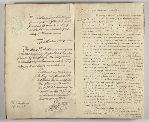 CLINTON, George. Manuscript and autograph journal and letterbook, containing transcripts of some 134 documents (28 in Clinton's hand and signed, 14 in clerical hands but signed by Clinton, the rest in secretarial hands); comprising a detailed record of Clinton's acts as New York Governor, Commander-in-Chief of the New York Militia and Admiral of the state Navy. Included are proclamations, messages, letters of transmittal, list of documents submitted to the legislature, responses from the Senate and Assembly etc. Various places (Poughkeepsie, New York City), dates from 28 October 1781 to 3 December 1787.