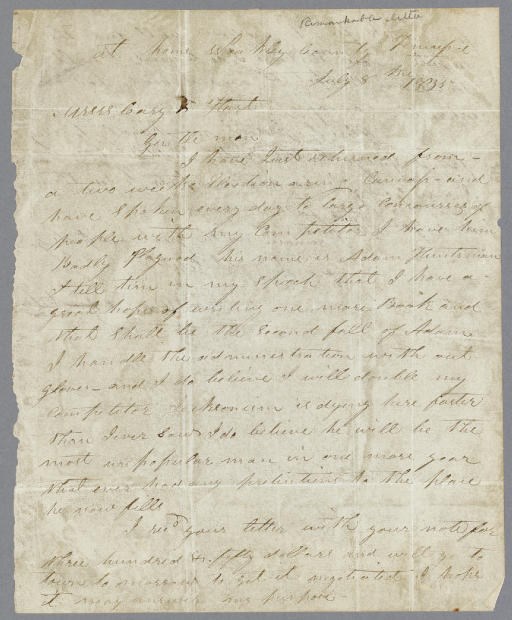 CROCKETT, David  (1786-1836).  Autograph letter signed ("David Crockett," with flourish) as Tennessee Congressman, to "Messrs. Cary & Hart" (his publishers in Philadelphia), "at home Weakley County Tennessee," 8 July 1835.