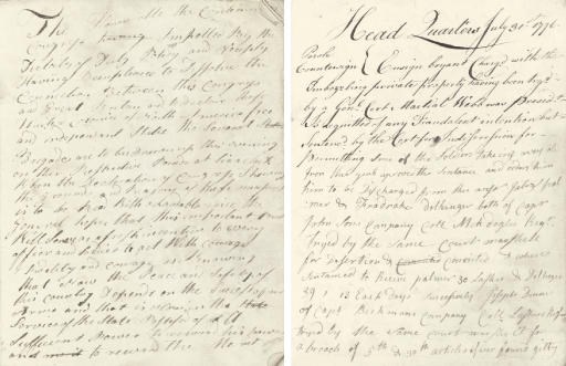 [DECLARATION OF INDEPENDENCE]. Manuscript orderly book, kept by at least two unidentified officers of the Continental Army serving with Washington's forces in New York (probably Brigadier General Gold S. Silliman's Connecticut militia), Headquarters, [8] July 1776 through 21 August 1776.