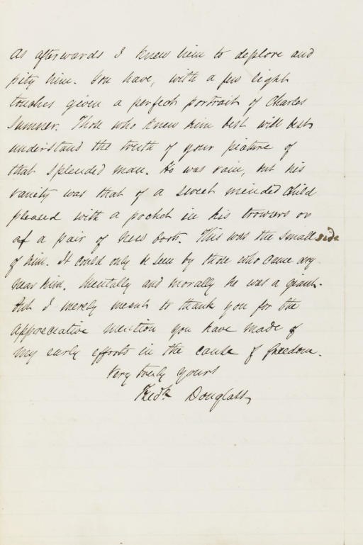 DOUGLASS, Frederick (1817-1895). Autograph letter signed ("Fredk. Douglass") to Charles T. Congdon of the New York Tribune, Washington,. D.C., 2 March 1880. 2 pages, 8vo, closely written, integral blank. In fine condition.