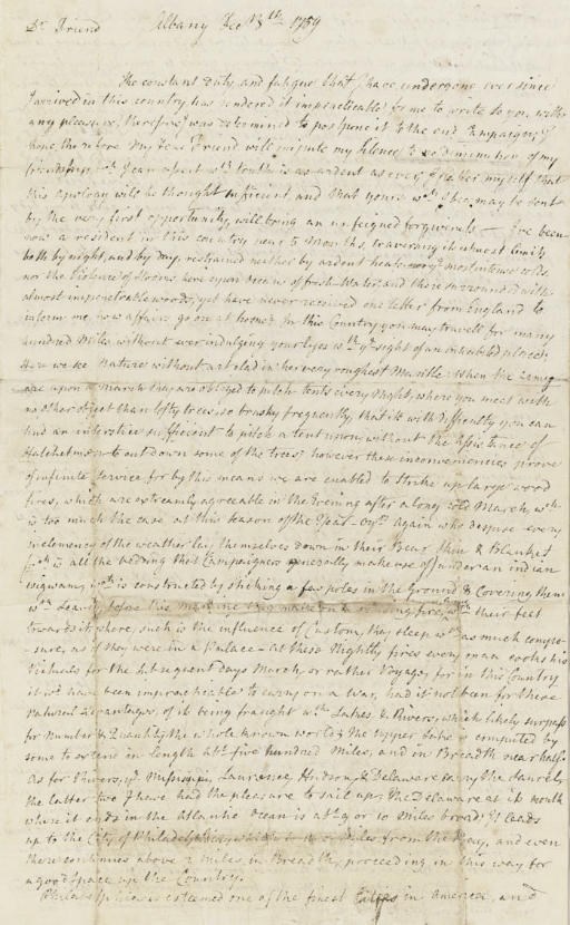 [FRENCH AND INDIAN WAR]. RICHARDSON, John. Autograph letter signed to Thomas Adams, Albany, New York, 8 December 1759. 4 pages closely written, folio, some wear at creases otherwise very good; with original envelope (envelope repaired). Typed transcription.