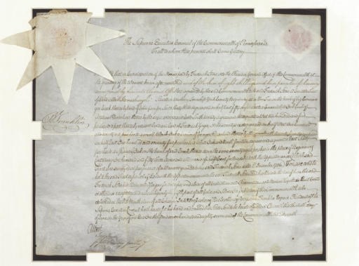 FRANKLIN, Benjamin (1706-1790), Signer (Pennsylvania). Manuscript document signed ("B. Franklin," with flourish), as President of the Supreme Executive Council of Pennsylvania, Philadelphia, 30 June 1787. 1 page, folio (13¼ x 15¾ in.), ON PARCHMENT, large paper seal in top left corner, two additional paper seals on verso, creases from prior folding, some discoloration on verso. Matted and framed. Counter-signed by Simon Trimble, recording docket on verso.